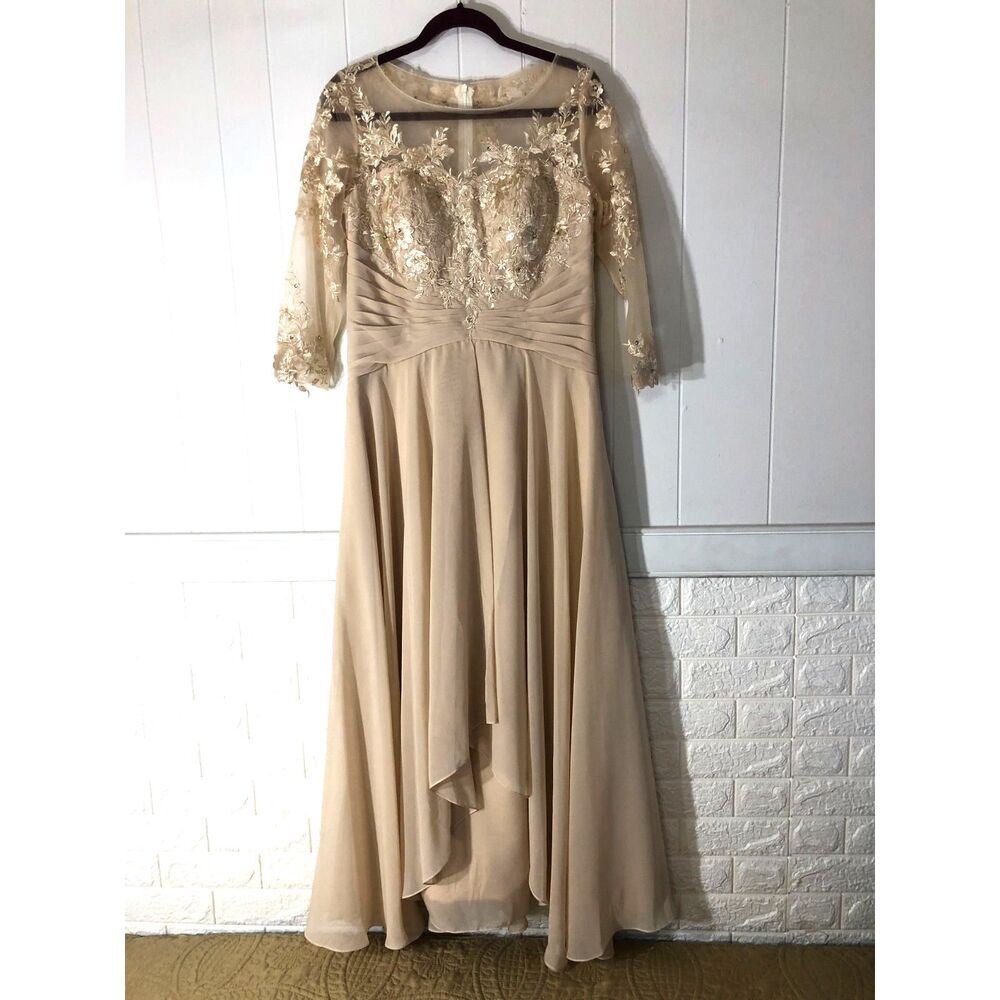 NWOT Champagne Lace Chiffon Mother of the Bride Dress High Low Formal Gown S 4 6